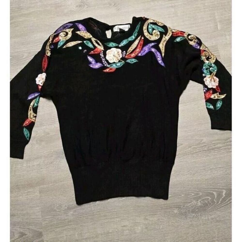 Victoria Harbour Women's Black Floral Sequins Long Sleeve Sweater Size Medium
